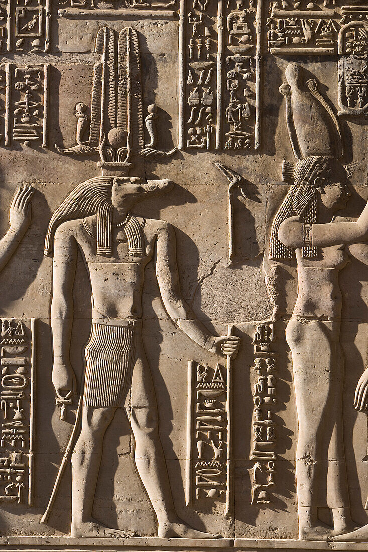 Egypt, Pom Ombo. Sidelight makes the hieroglyphics stand out in strong relief on the walls of Pom Ombo temple.