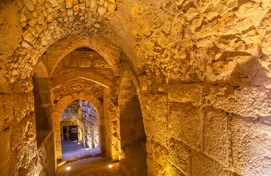 Qalat ar-Rabid Ancient Arabic Fortress Castle Stone Corridor Ajlun Jordan. Ancient Arabic Castle built in 1184-1185 to counter Crusader threat.