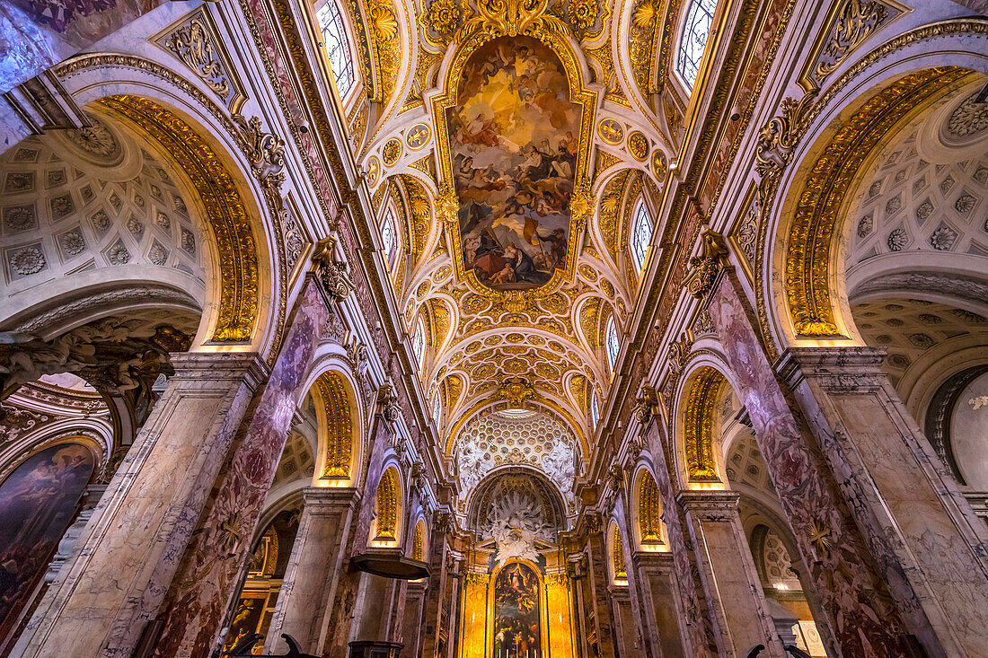 Tall Arches Nave Saint Louis of French Basilica Church, Rome, Italy. Church built in 1500's in honor Saint Louis IX of France