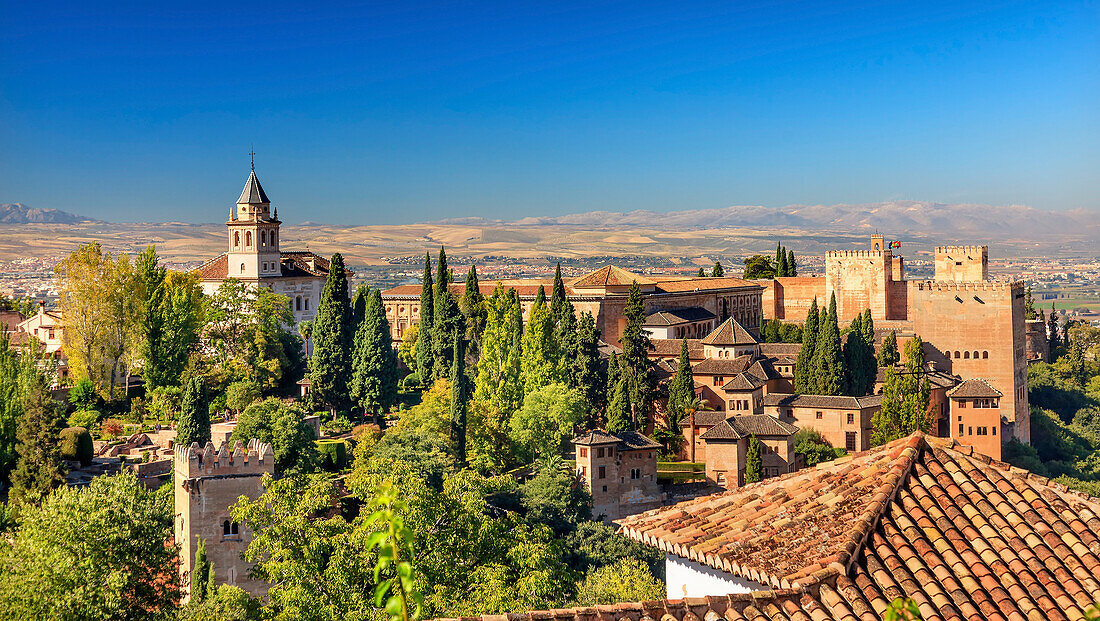 Alhambra, Castle, Tower walls. cityscape churches, Granada, Andalusia, Spain