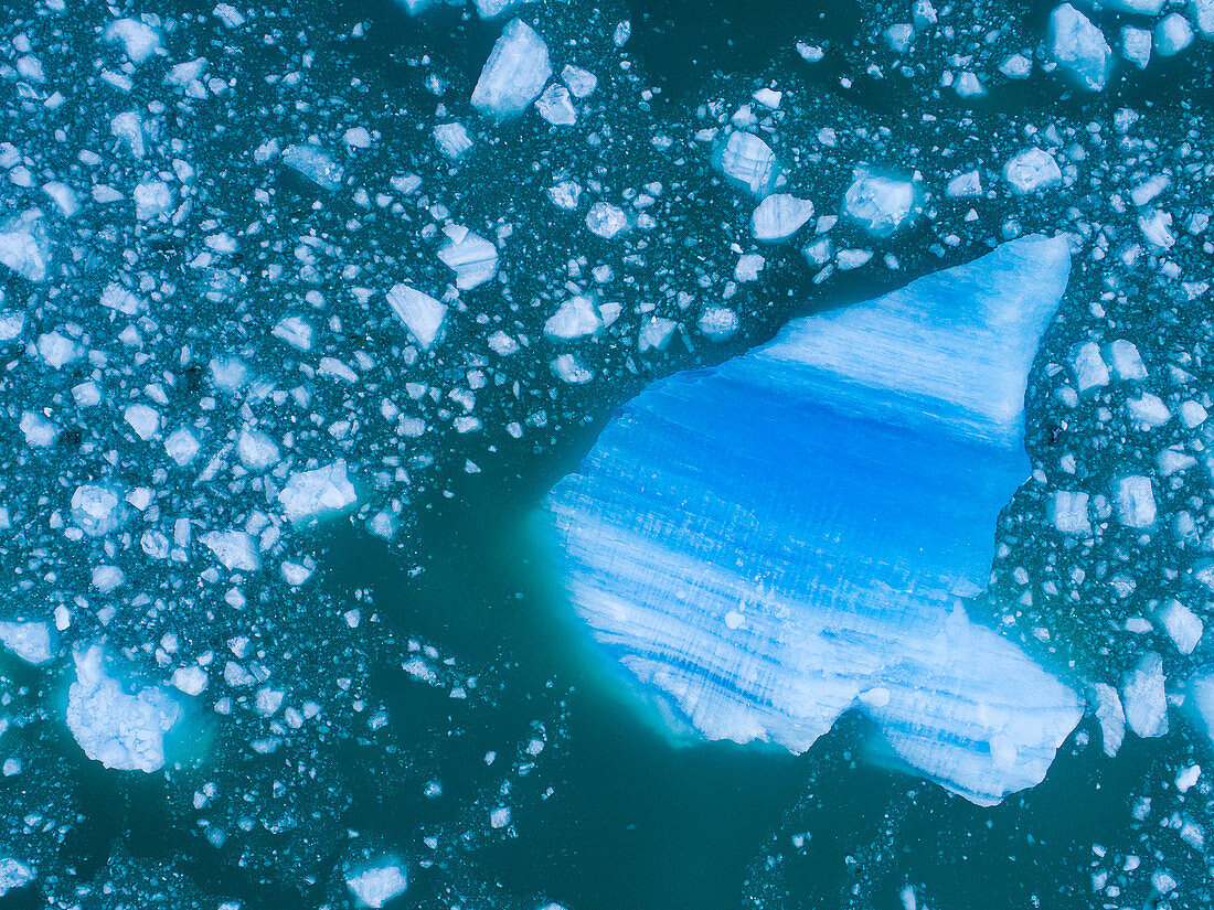 USA, Alaska, Luftaufnahme von zerschmetterten Eisbergen, die in der Nähe der kalbenden Wand des LeConte-Gletschers östlich von Petersburg schweben