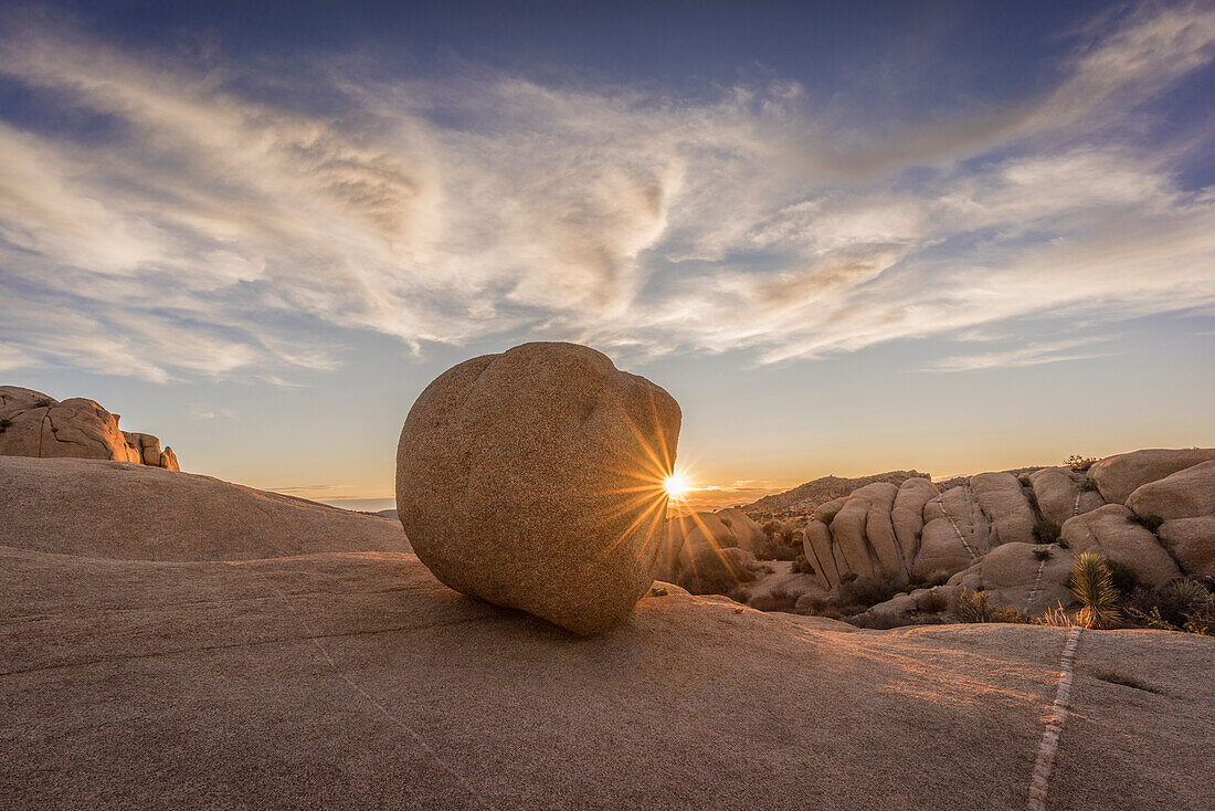 USA, California, Joshua Tree National Park. Rocky landscape at sunset