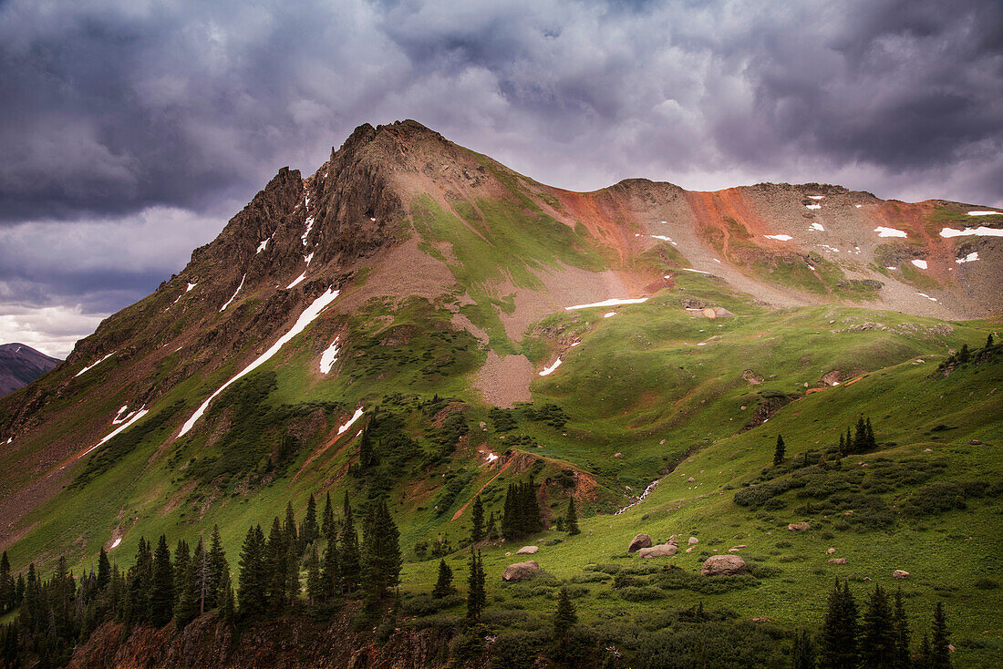 USA, Colorado, San Juan Mountains. Green mountain tundra and summer storm clouds