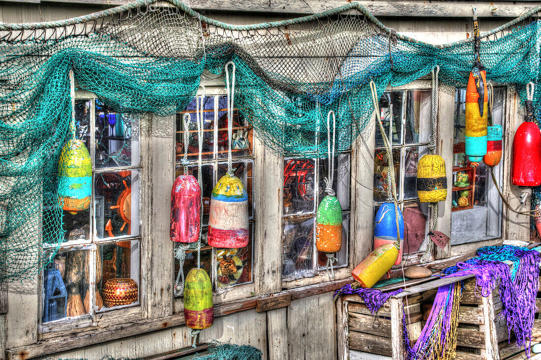 Old building, Netarts, Oregon. Decorated with colorful fishing gear.