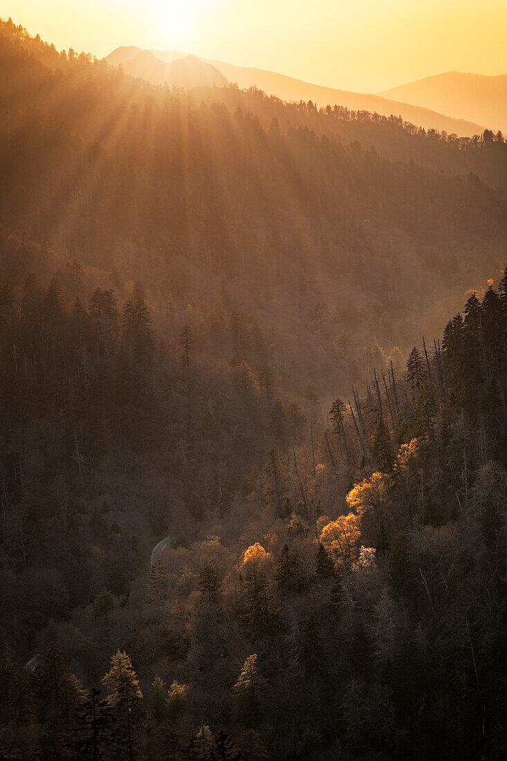 Frühlingssonnenuntergang von Morton Overlook, Great Smoky Mountains, Nationalpark, Tennessee