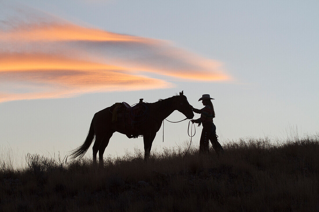 USA, Wyoming, Shell, The Hideout Ranch, Silhouette von Cowgirl mit Pferd bei Sonnenuntergang