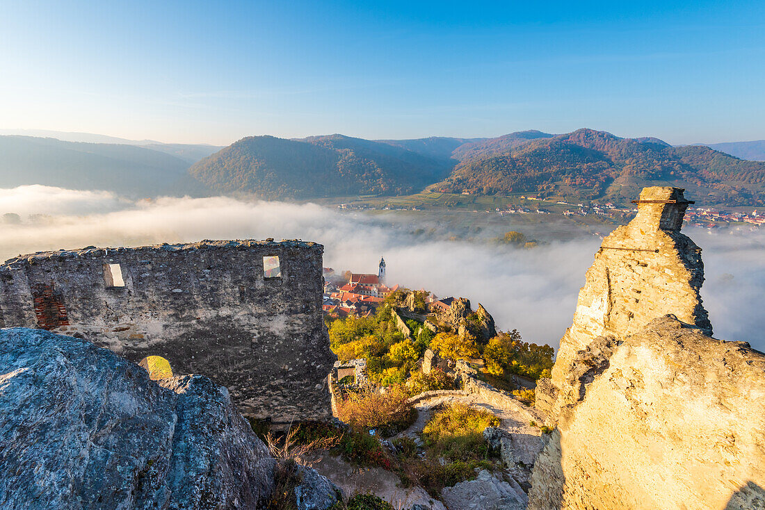 View from Dürnstein castle ruins on Dürnstein and the Danube valley in Wachau, Lower Austria, Austria