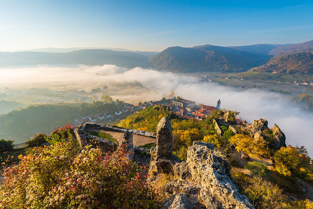 View from Dürnstein castle ruins on Dürnstein and the Danube valley in Wachau, Lower Austria, Austria