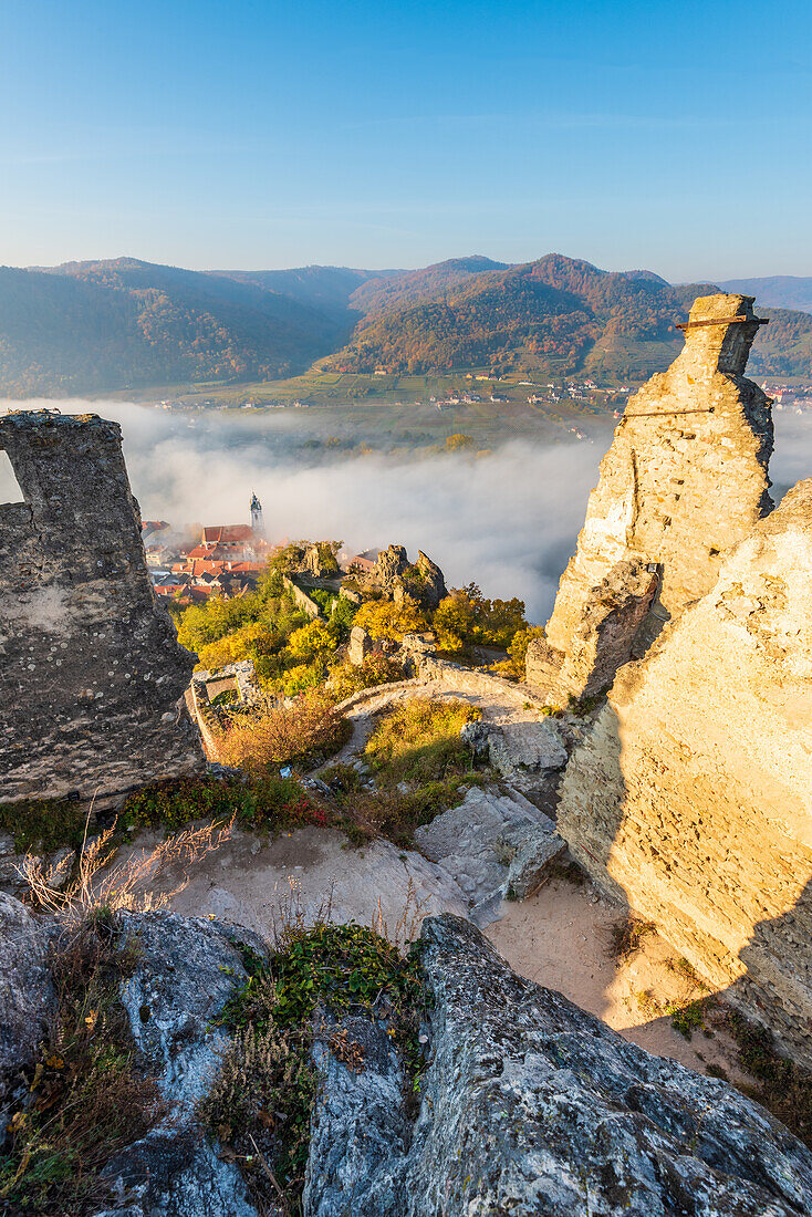 View from Dürnstein castle ruins on Dürnstein and the Danube valley in Wachau, Lower Austria, Austria