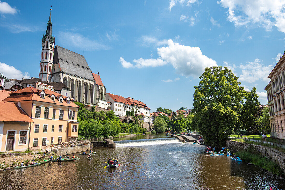 Boats on the Vltava River in Cesky Krumlov, South Bohemia, Czech Republic