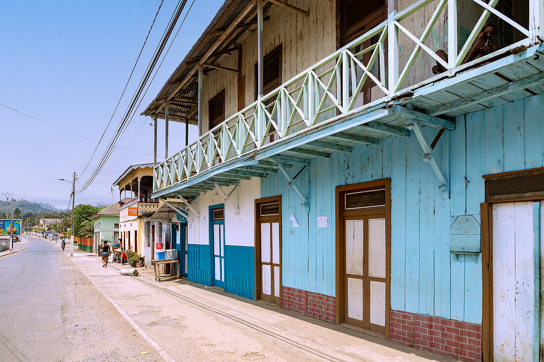 Wooden houses with balconies in the town of Guadelupe on the island of São Tomé in West Africa