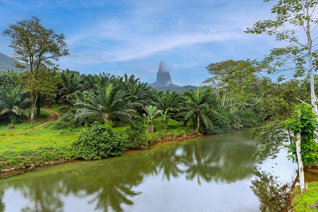 Pico Cao Grande and Rio Grande in the south of the island of Sao Tome in West Africa
