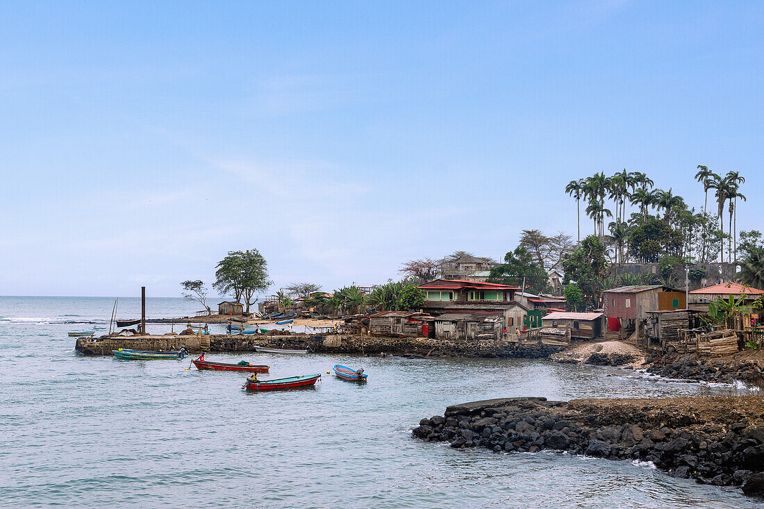 Fishing village of Porto Alegre with harbor in the south of the island of São Tomé in West Africa