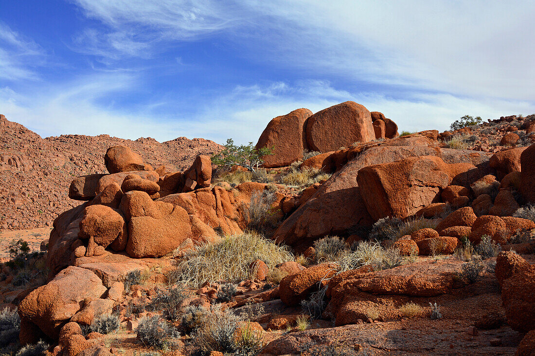 Namibia; Karas region; Southern Namibia; Namib Desert; Tiras Mountains; barren landscape; Red sandstone hills and formations