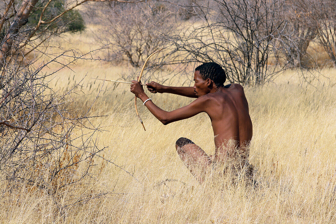 Namibia; Region Erongo; Zentralnamibia; San Living Museum; Buschmann mit Pfeil und Bogen auf der Jagd