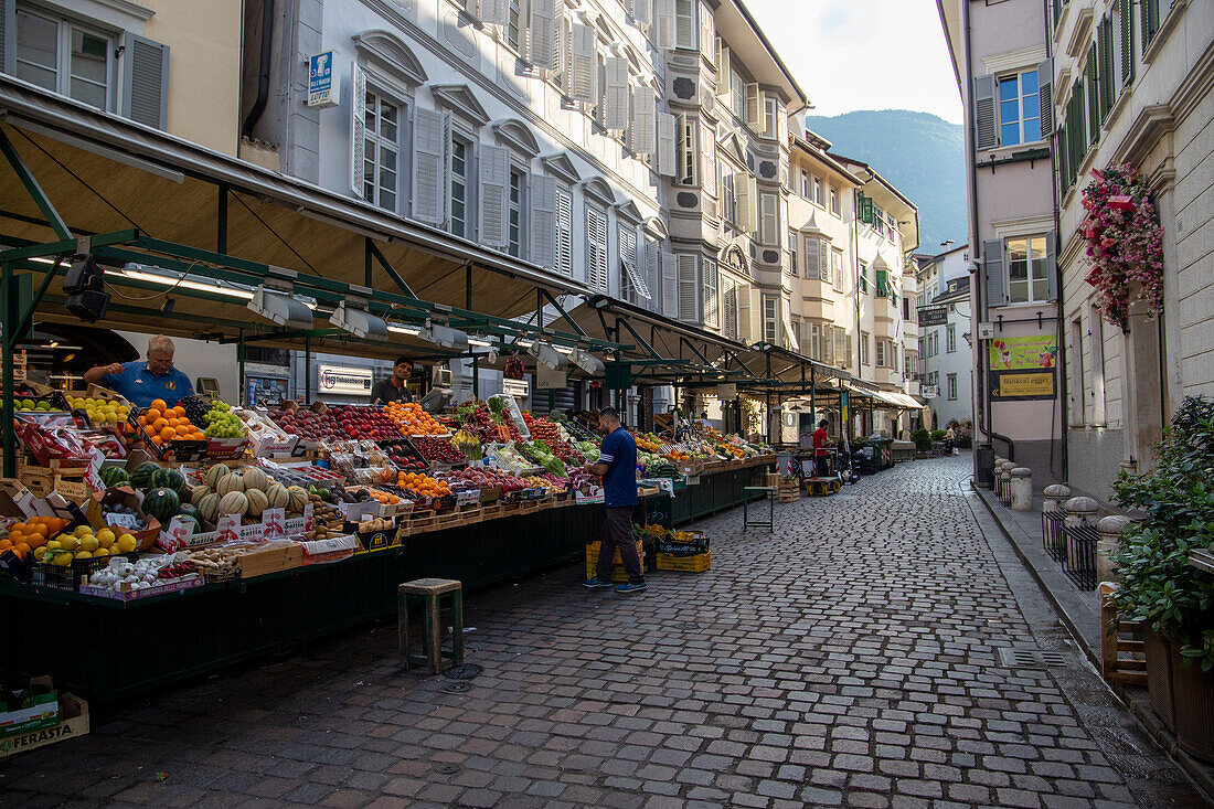 The fruit market in the old town, Bozen, South Tyrol, Italy
