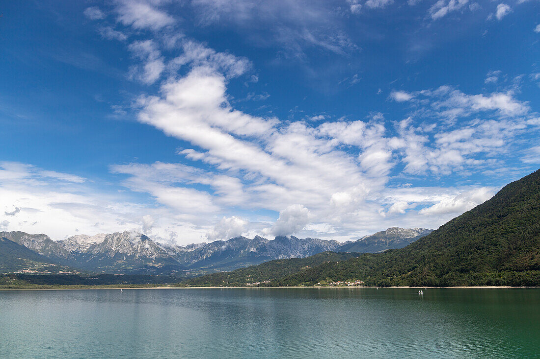The lake of Santa Croce surrounded by the Belluno Dolomites, Alpago, Belluno, Veneto, Italy