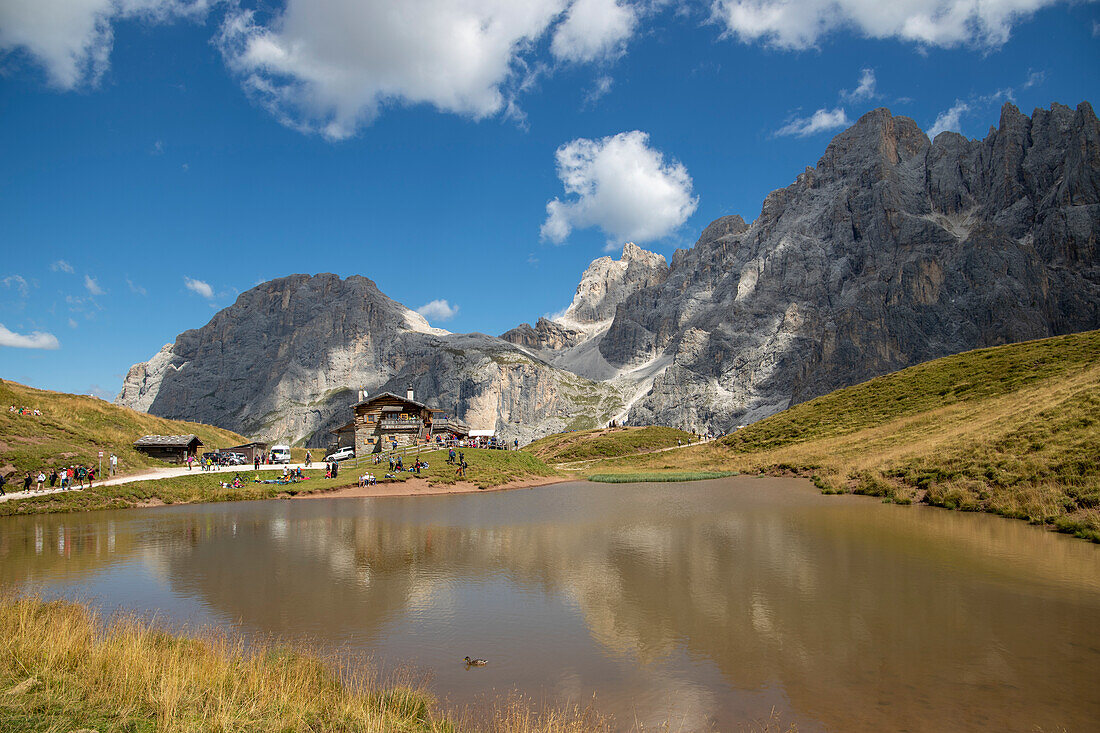 A small lake near Baita Segantini. Passo Rolle, San Martino di Castrozza Village, Trento district, Trentino Alto Adige, Italy