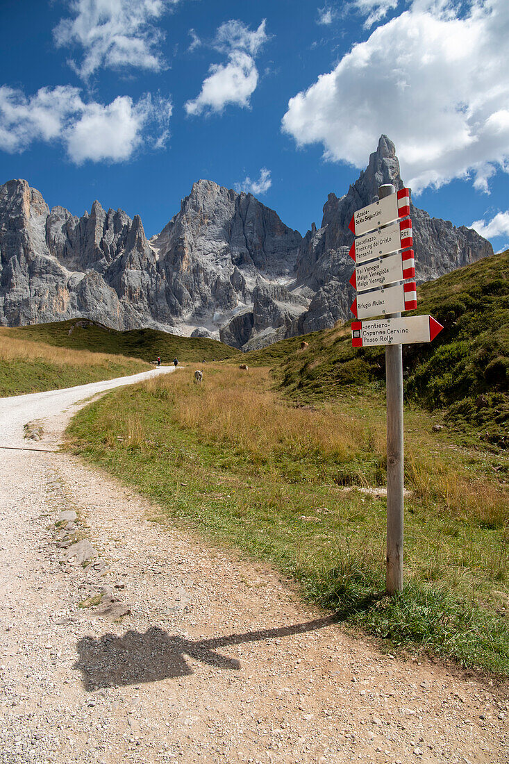 Route signs. Passo Rolle, San Martino di Castrozza Village, Trento district, Trentino Alto Adige, Italy