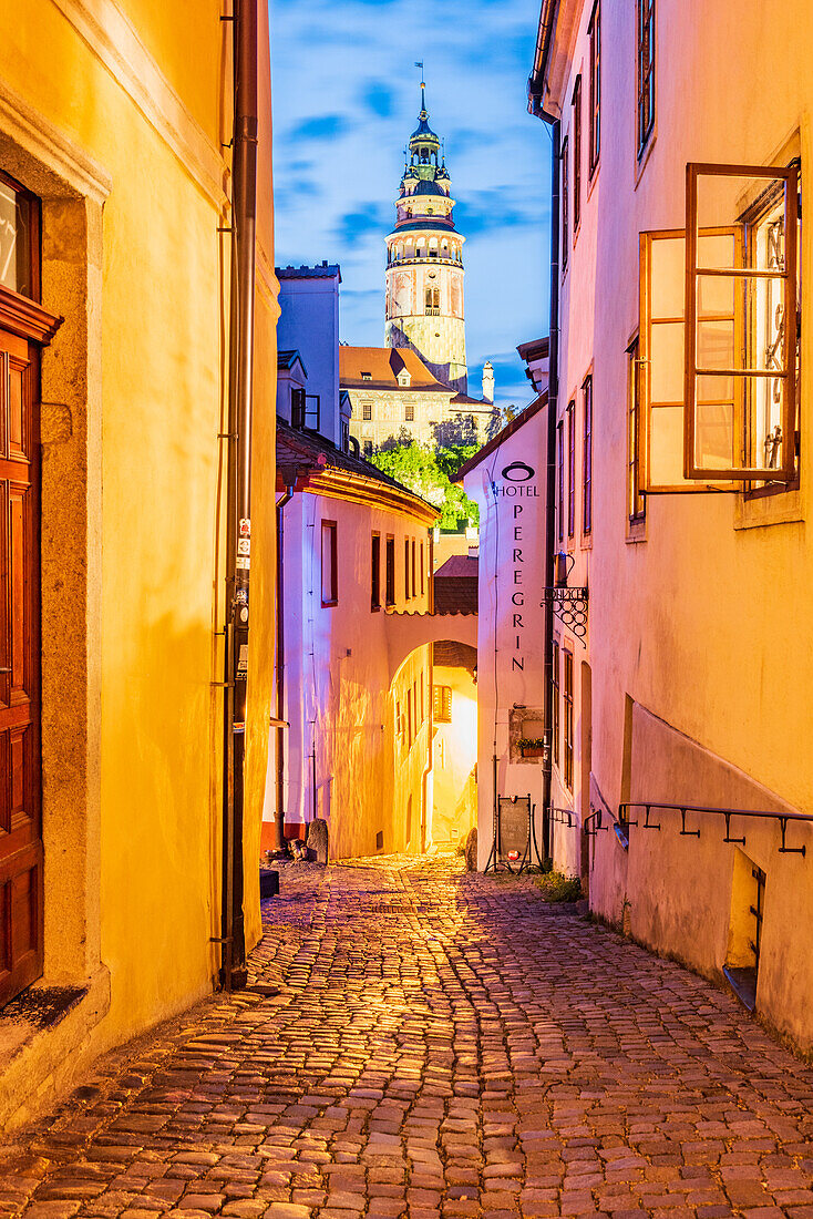 Alley overlooking the Castle in Cesky Krumlov, South Bohemia, Czech Republic at night