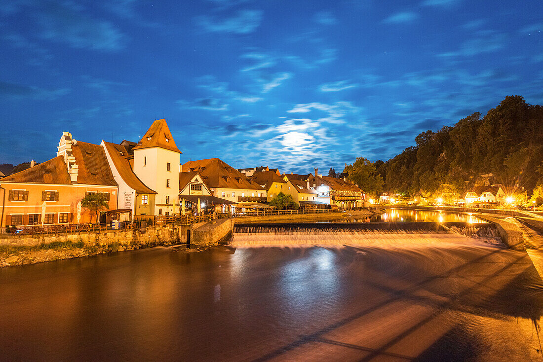 Historic old town of Cesky Krumlov, South Bohemia, Czech Republic at night