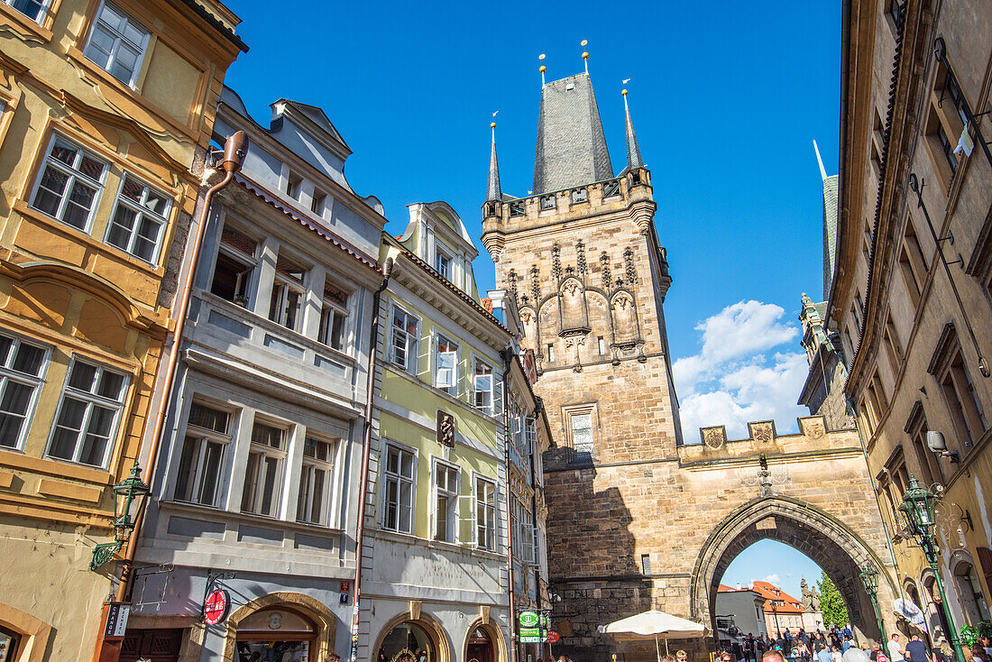 Bridge Tower and historic buildings in Lesser Quarter, Prague, Czech Republic
