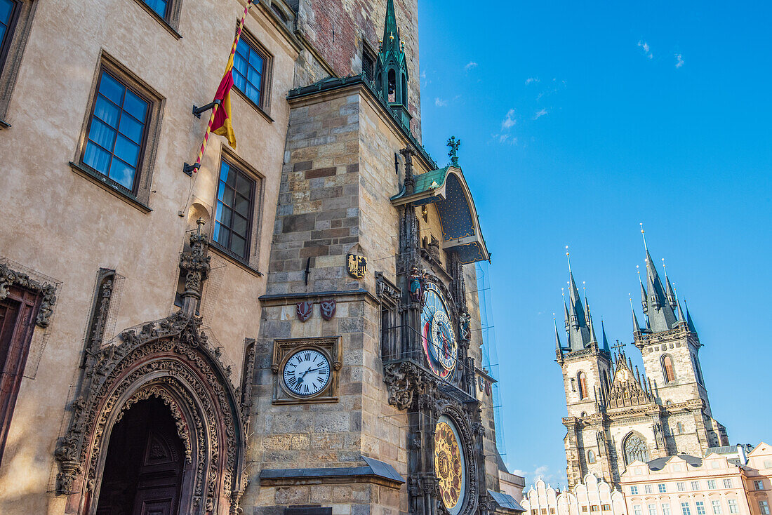 Old Town Hall, Astronomical Clock and Tyn Church in Old Town Square in Prague, Czech Republic