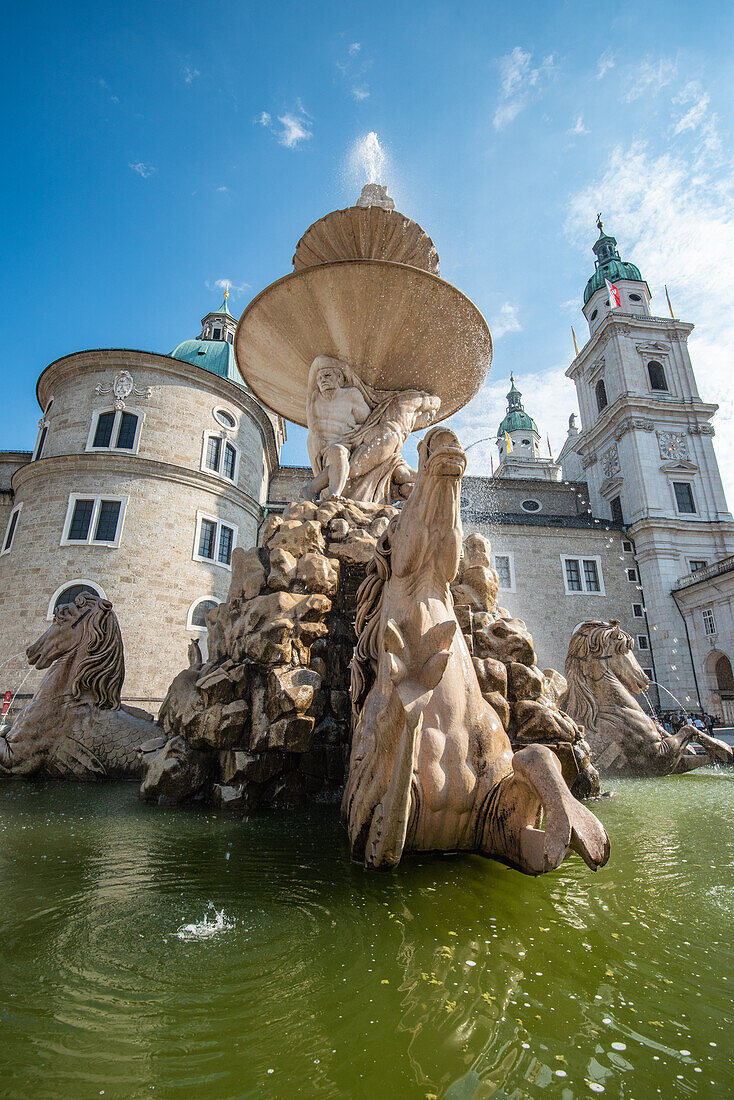 Residenzbrunnen, Residenzplatz And Dom In Salzburg, Austria