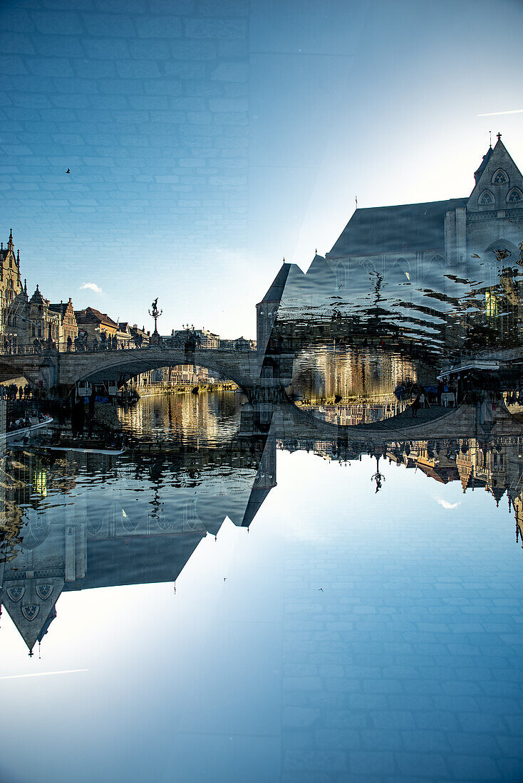 Double exposure photo of the Saint Michael's bridge in Gent, Belgium