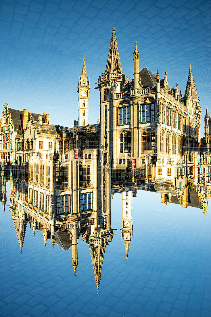 Double exposure photo of the old postal building in Gent, Belgium