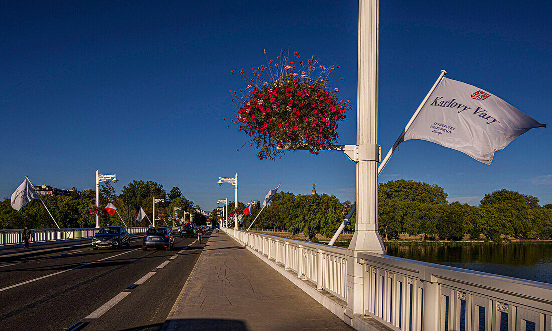 Pont de Bellerive über dem Lac d'Allier mit den Flaggen der von der UNESCO ausgezeichneten bedeutenden europäischen Kurorte und Blick zum Parc Kennedy, Vichy, Auvergne-Rhône-Alpes, Frankreich