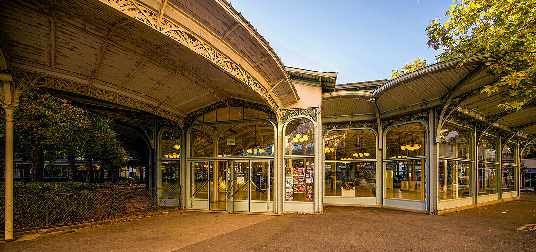 Gallery in the Parc des Sources and the entrance to the Hall des Sources in the spa district of Vichy, Auvergne-Rhône-Alpes, France