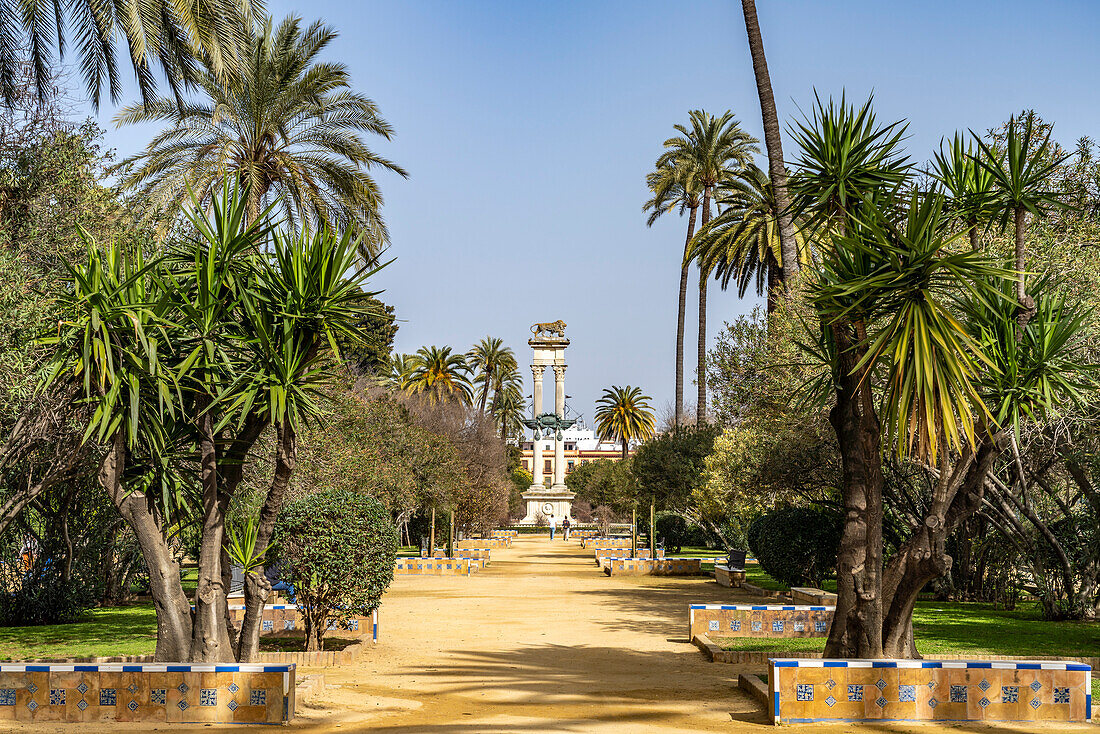 Kolumbus-Denkmal in den Murillo Gärten Jardines de murillo, Sevilla, Andalusien, Spanien  