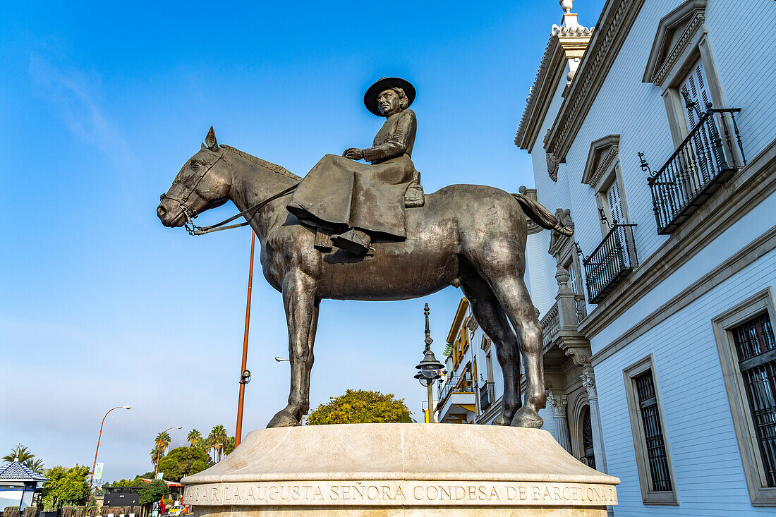 Equestrian statue of Augusta Senora Condesa de Barcelona at the bullring in Seville, Andalusia, Spain
