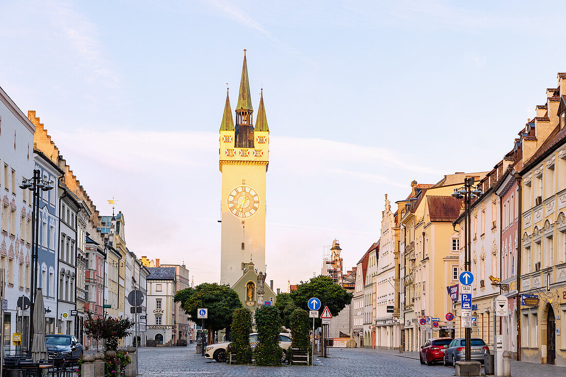 Ludwigsplatz with City Tower in Straubing in Lower Bavaria in Germany
