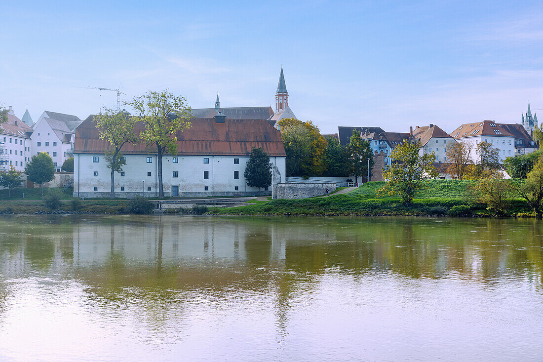 Salzstadel and bastion on the Danube overlooking the historic center in Straubing in Lower Bavaria in Germany