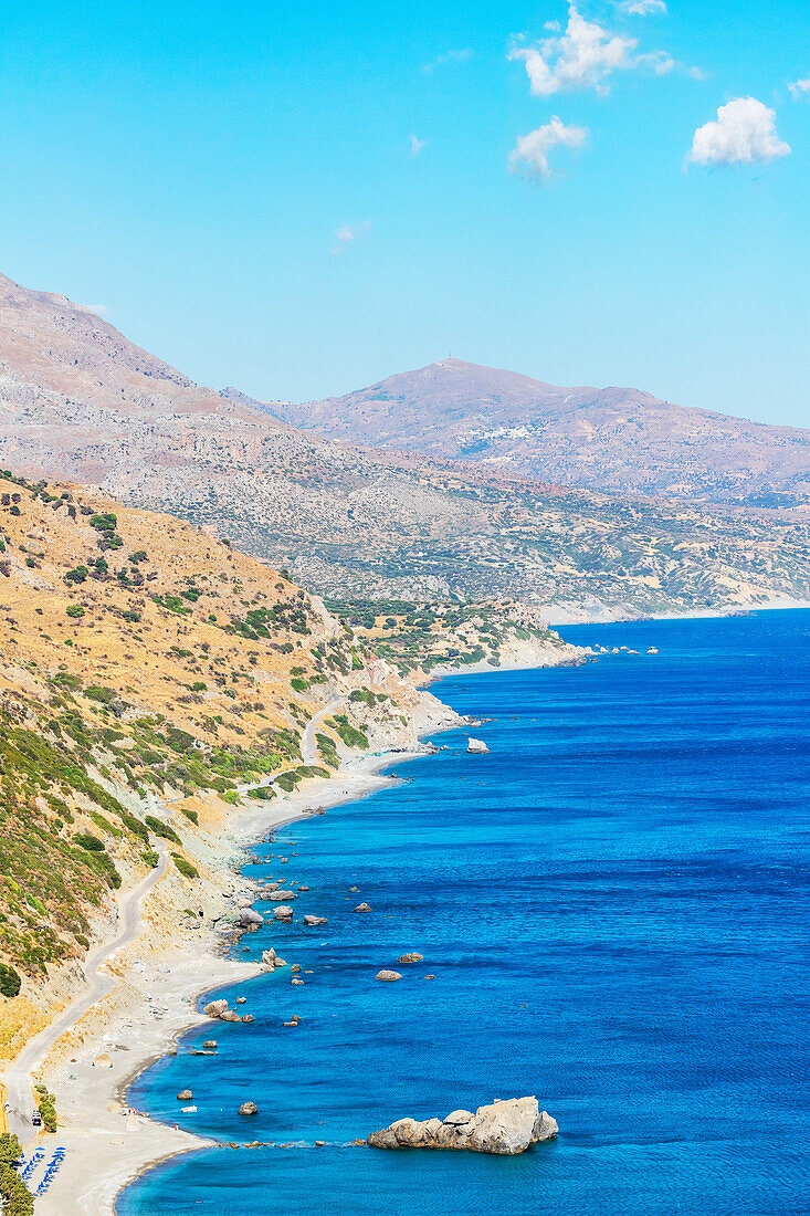 View of Drymiskos beach and coastline, Ammoudi, Rethymno, Crete, Greek Islands, Greece