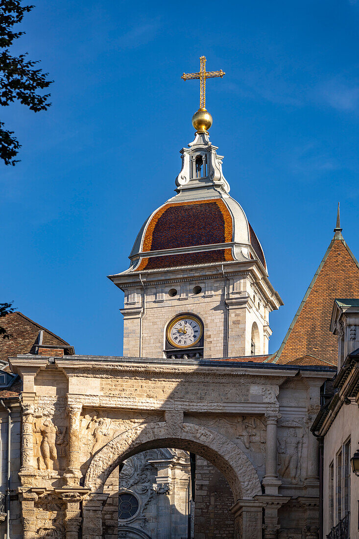 The Gallo-Roman triumphal arch Porte Noire and St. John's Cathedral in Besancon, Bourgogne-Franche-Comté, France, Europe