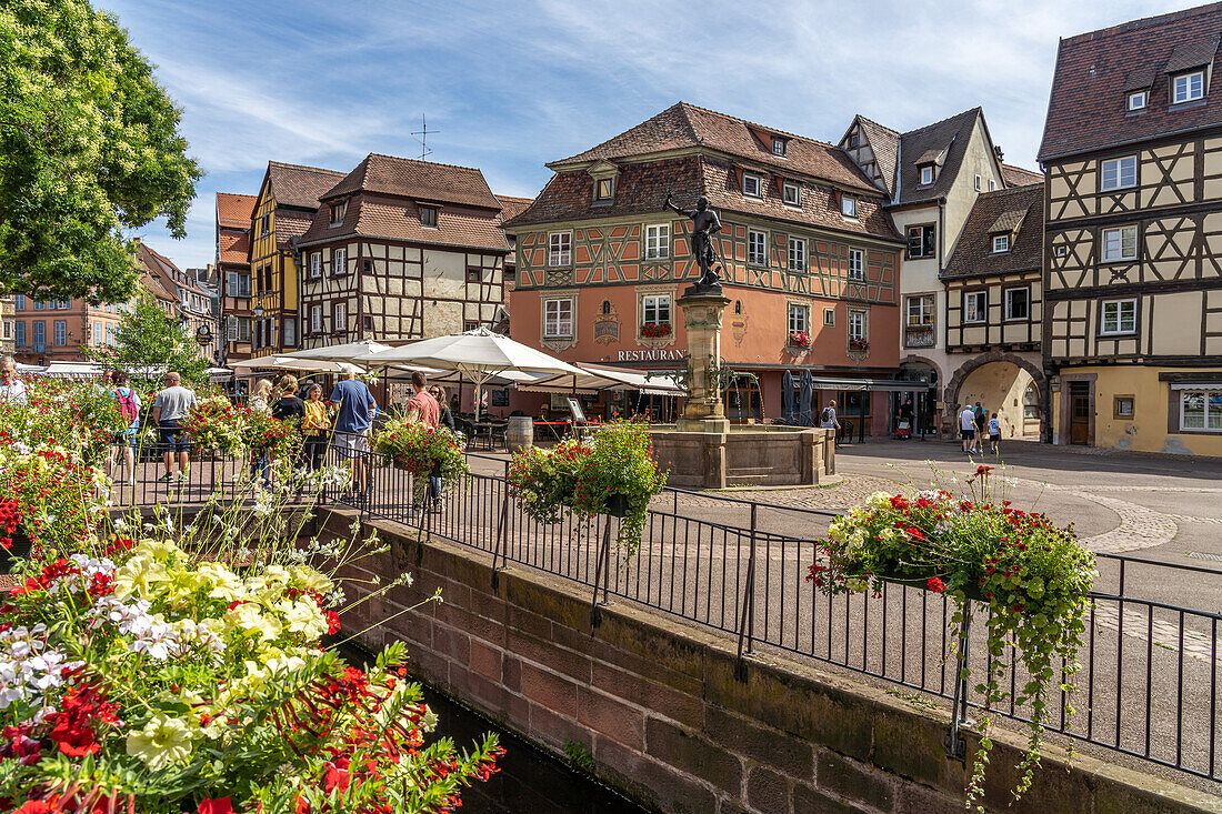 Altstadt und Schwendi-Brunnen in Colmar, Elsass, Frankreich  