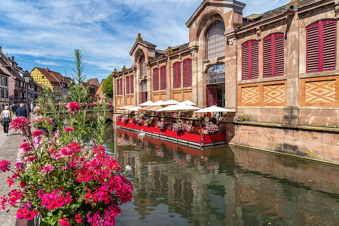 Canalside restaurant at the covered market in Colmar, Alsace, France