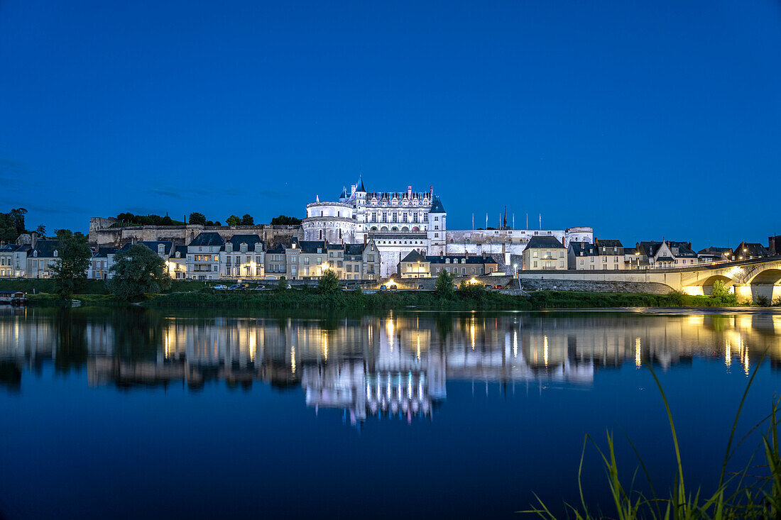 The Loire and Amboise Castle at dusk, Amboise, France