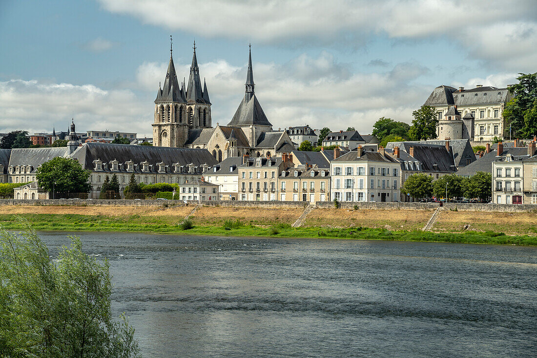 City view with the Saint-Nicolas church and the Loire river in Blois, France