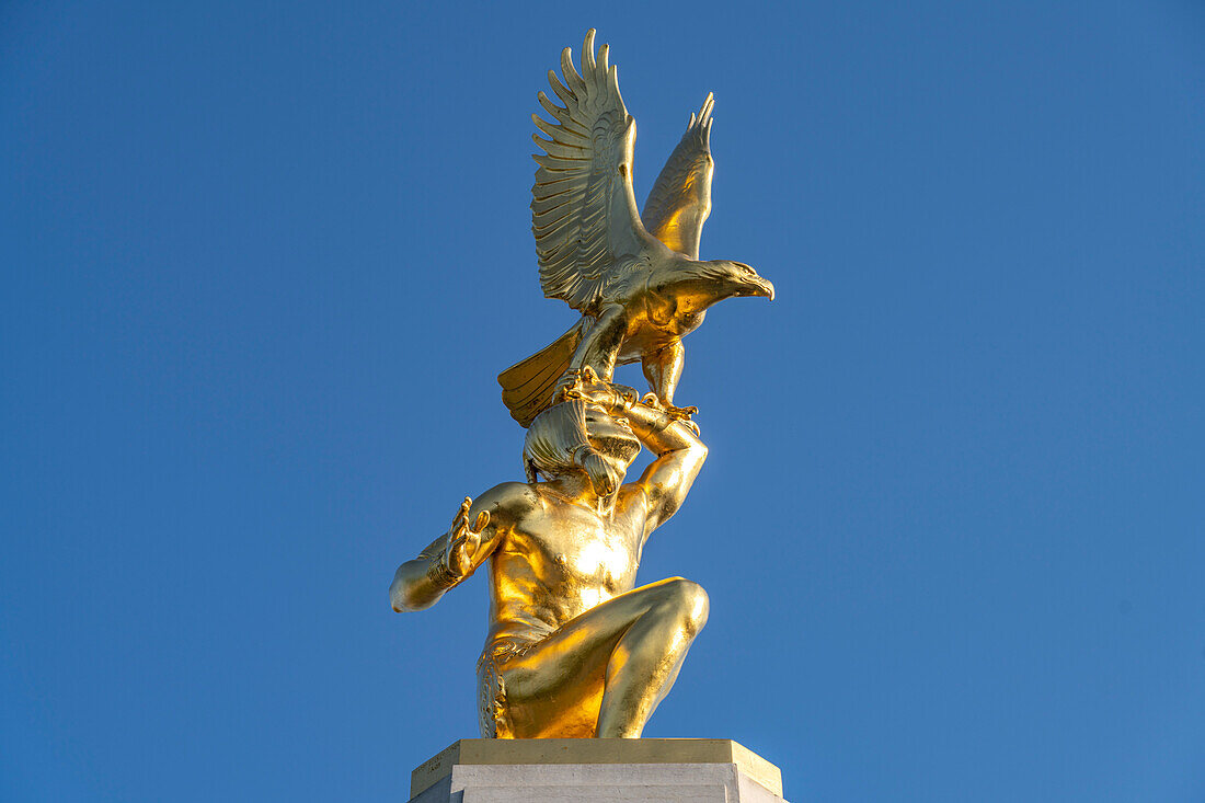 Gold statue of a Native American with eagle on the Tours American Monument fountain, Tours, Loire Valley, France