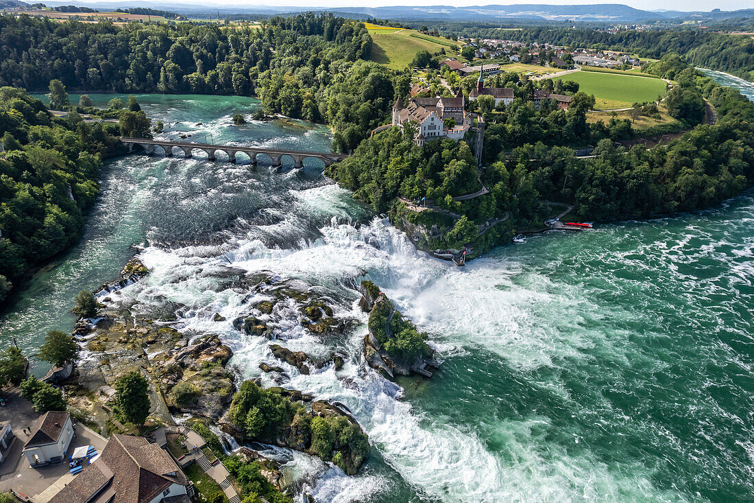 Rheinfall waterfall, Laufen Castle and Rheinfall Bridge near Neuhausen am Rheinfall, Switzerland, Europe
