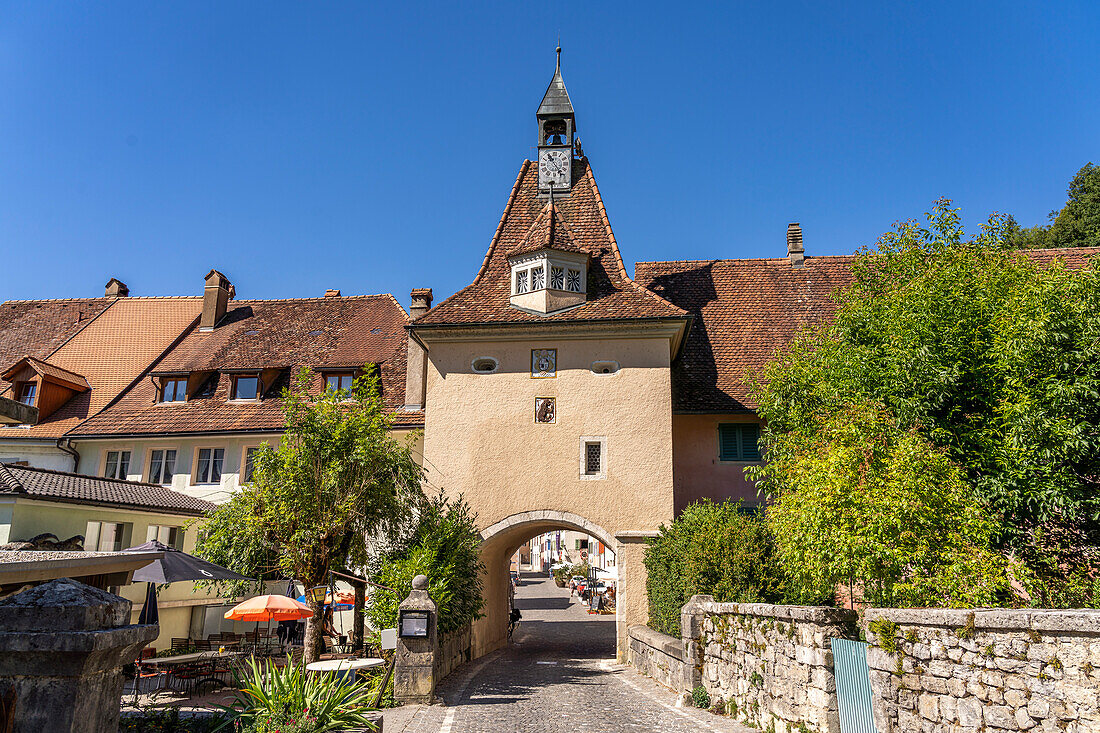 City gate Porte Saint-Pierre in the old town of Saint-Ursanne, Switzerland, Europe