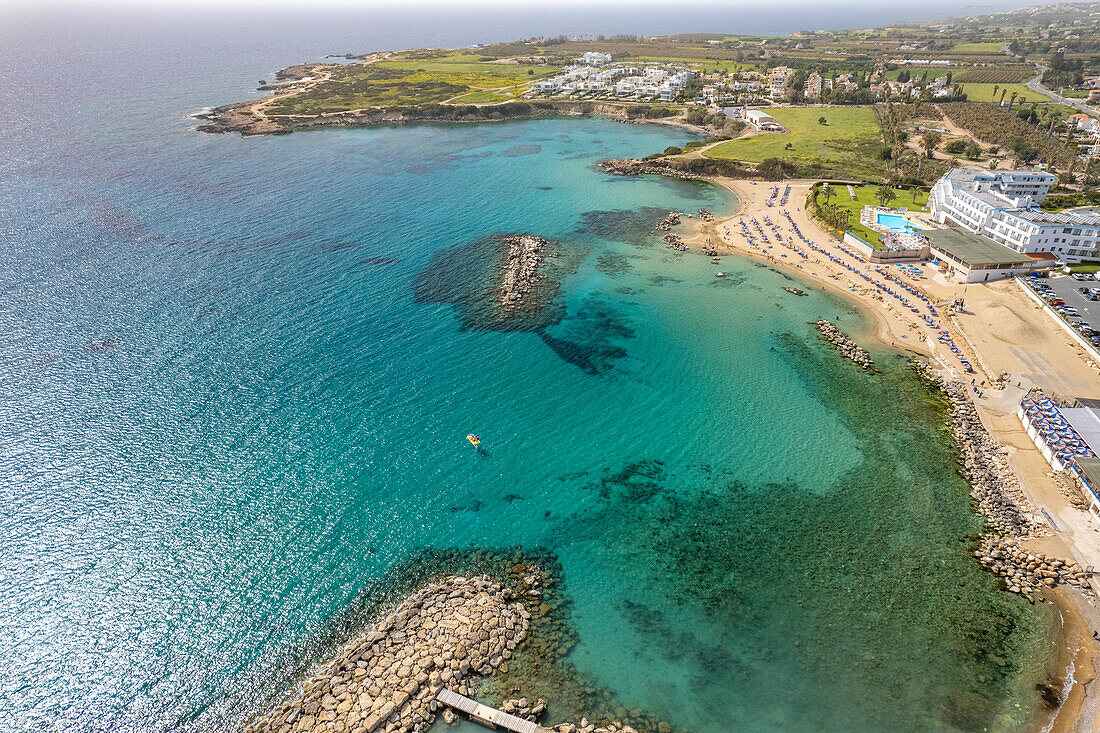 Laourou Beach in Coral Bay seen from the air, Cyprus, Europe