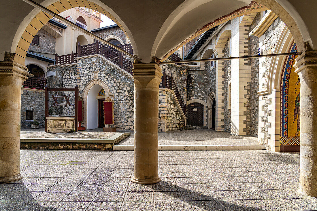 Inner courtyard of Kykkos Monastery in Troodos Mountains, Cyprus, Europe