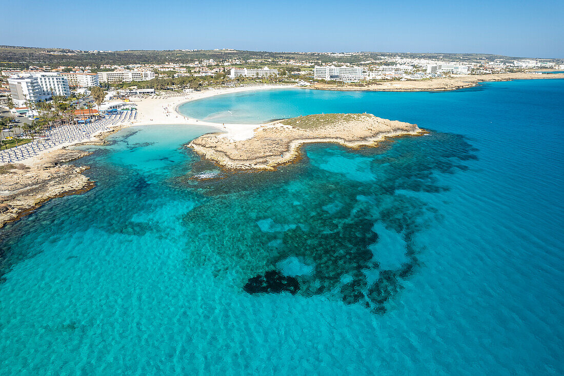 Aerial view of Nissi Beach in Ayia Napa, Cyprus, Europe