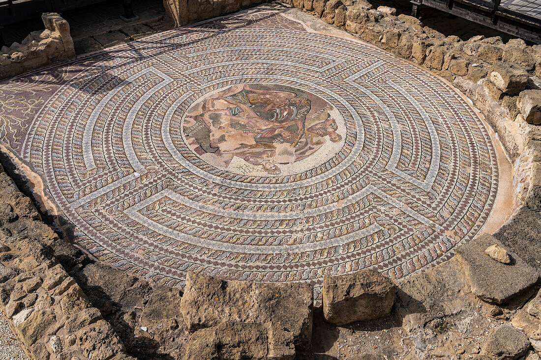 Mosaic in the House of Theseus in Paphos Archaeological Park, Cyprus, Europe