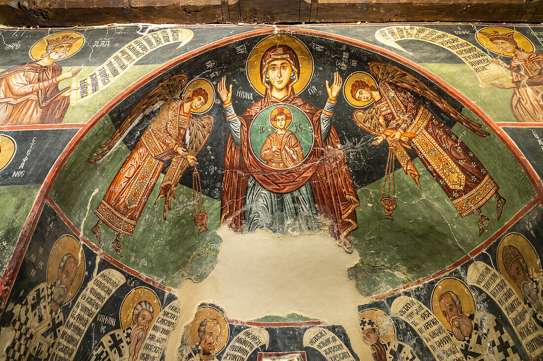 The painted interior of the barn roof church of Archangelos Michail or Church of Archangel Michael in Pedoulas, Cyprus, Europe